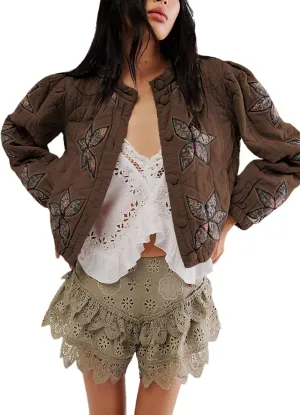 Women's Cropped Floral Quilted Puffer Jackets 3D Printed Lightweight Button Padded Coats with Pockets