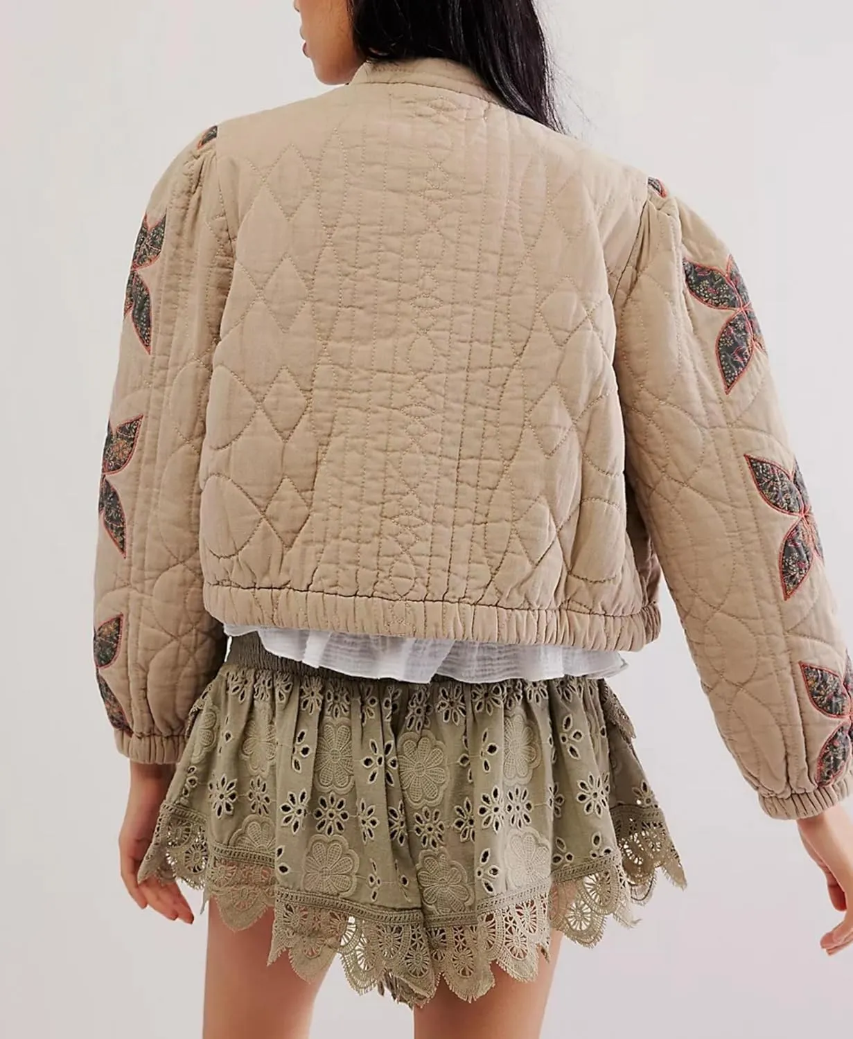 Women's Cropped Floral Quilted Puffer Jackets 3D Printed Lightweight Button Padded Coats with Pockets