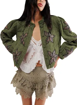 Women's Cropped Floral Quilted Puffer Jackets 3D Printed Lightweight Button Padded Coats with Pockets