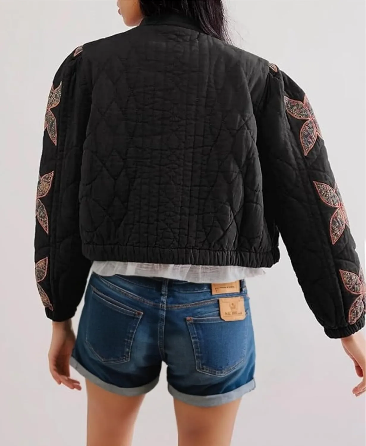 Women's Cropped Floral Quilted Puffer Jackets 3D Printed Lightweight Button Padded Coats with Pockets