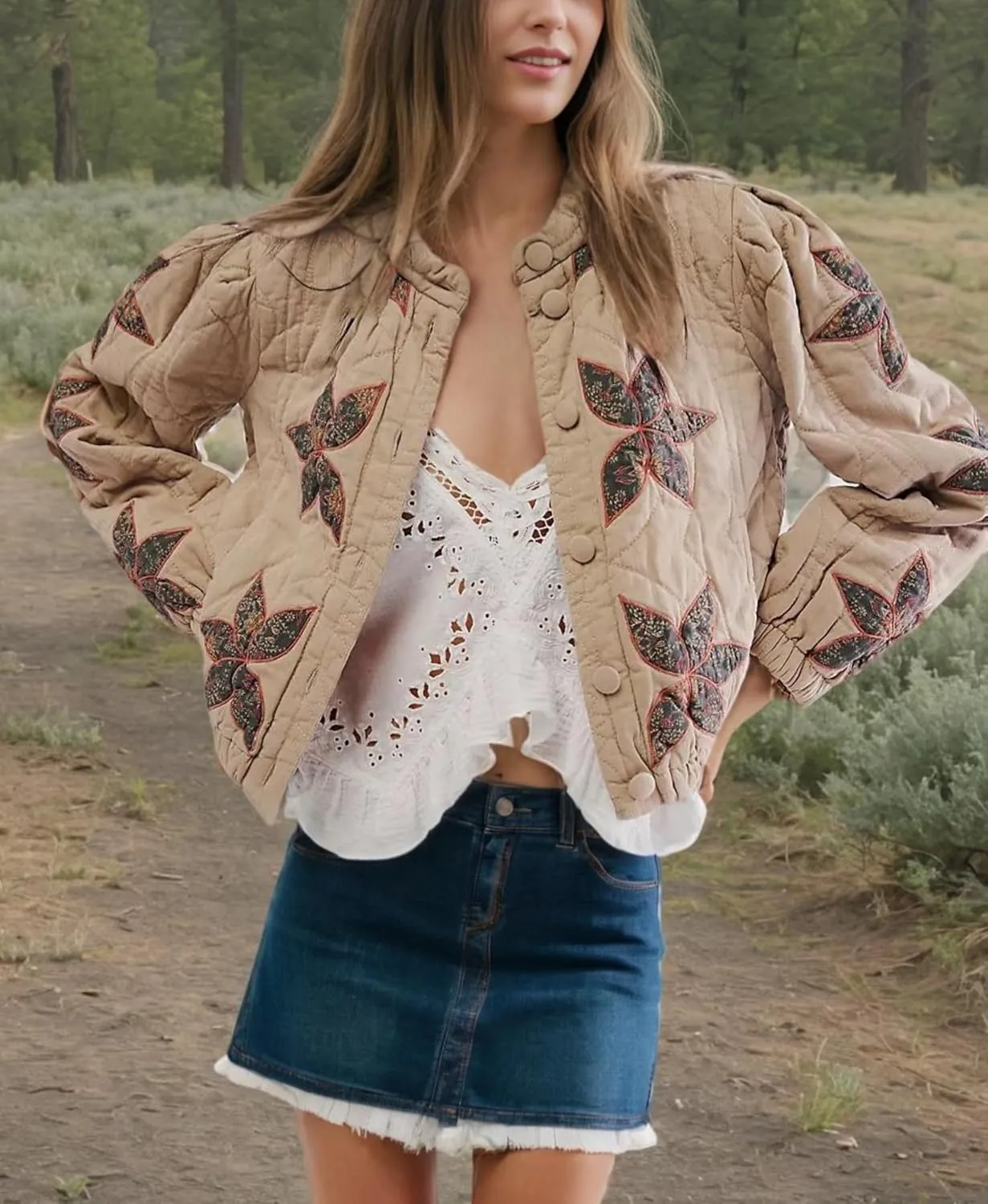 Women's Cropped Floral Quilted Puffer Jackets 3D Printed Lightweight Button Padded Coats with Pockets