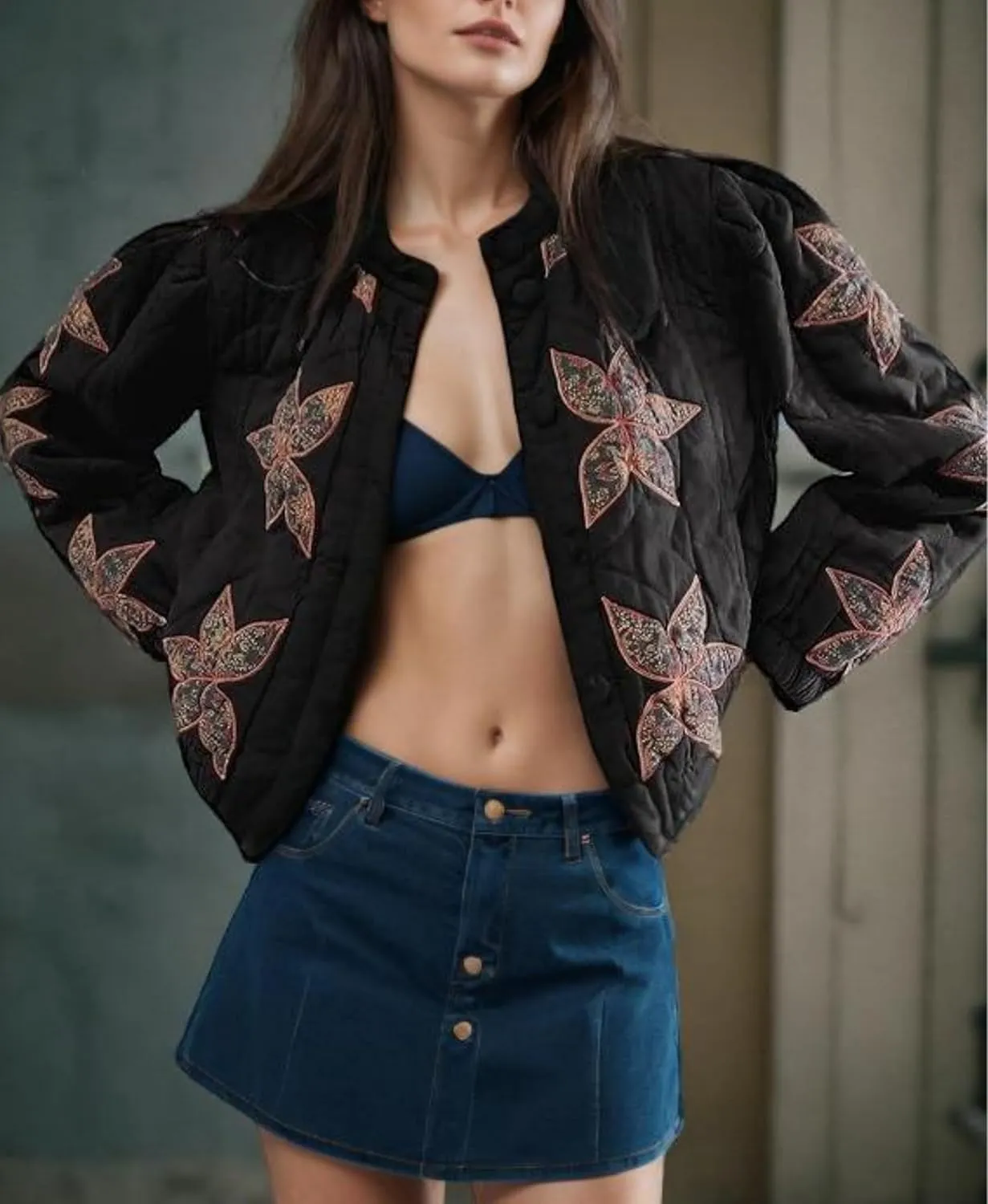 Women's Cropped Floral Quilted Puffer Jackets 3D Printed Lightweight Button Padded Coats with Pockets