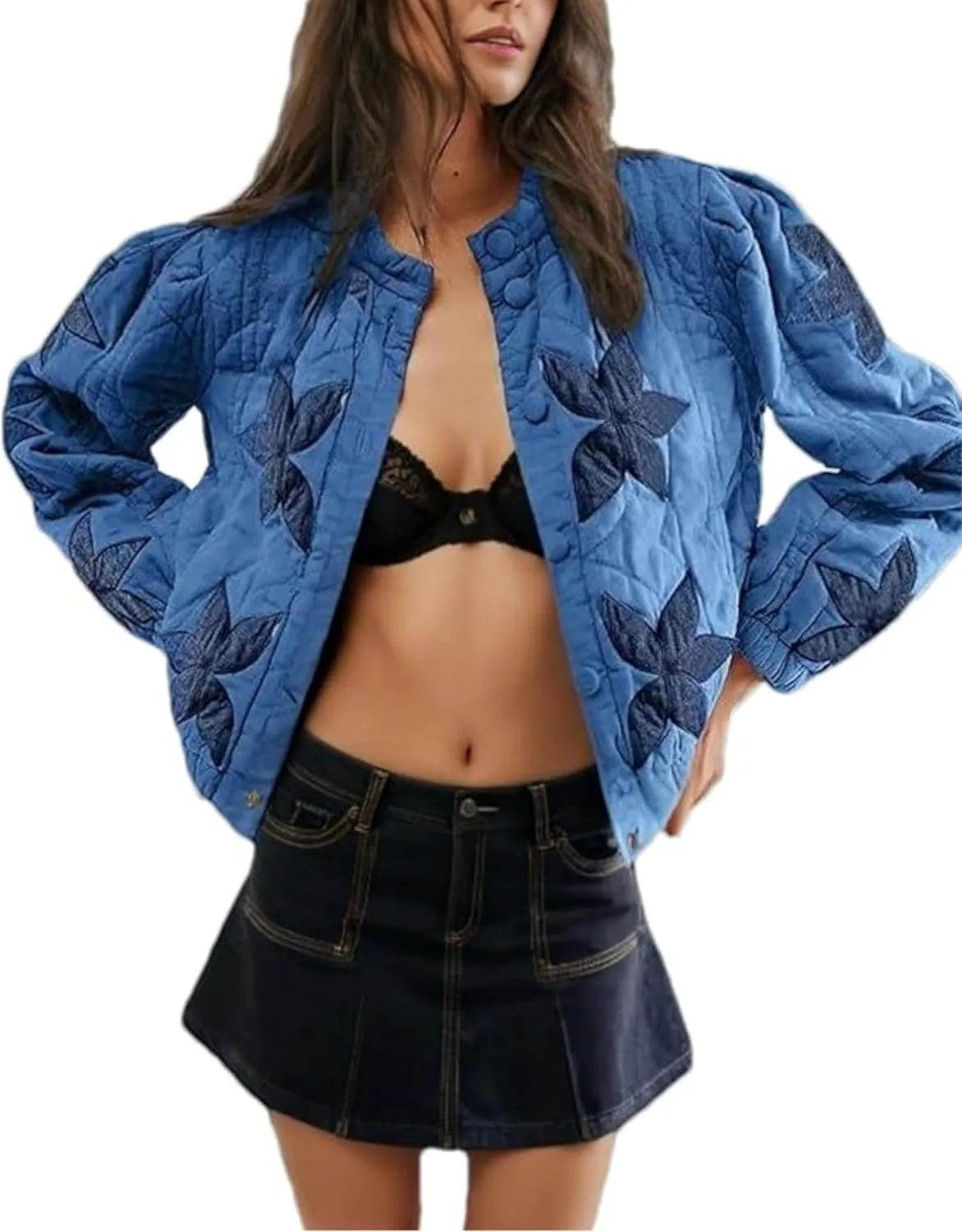 Women's Cropped Floral Quilted Puffer Jackets 3D Printed Lightweight Button Padded Coats with Pockets