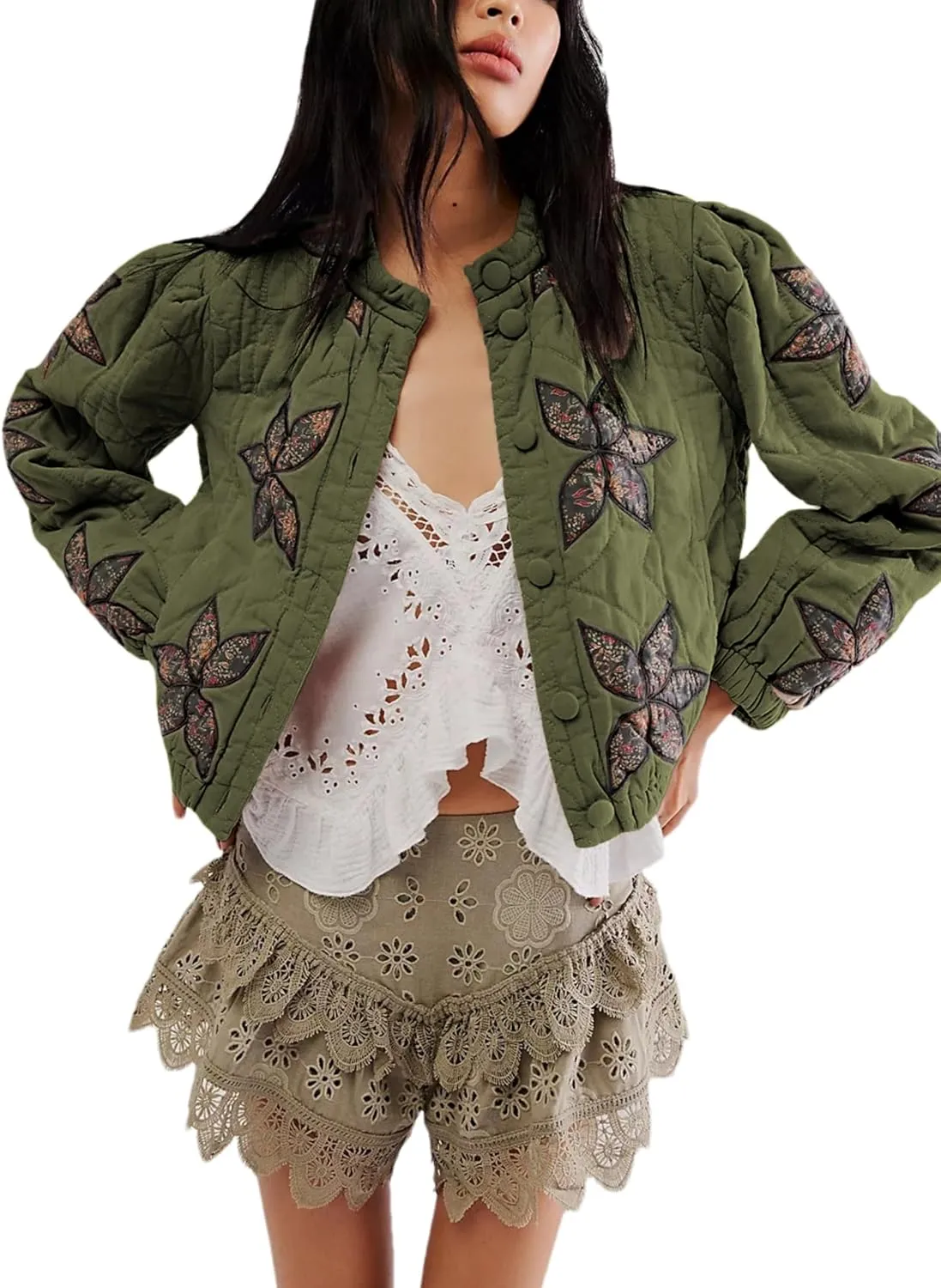Women's Cropped Floral Quilted Puffer Jackets 3D Printed Lightweight Button Padded Coats with Pockets