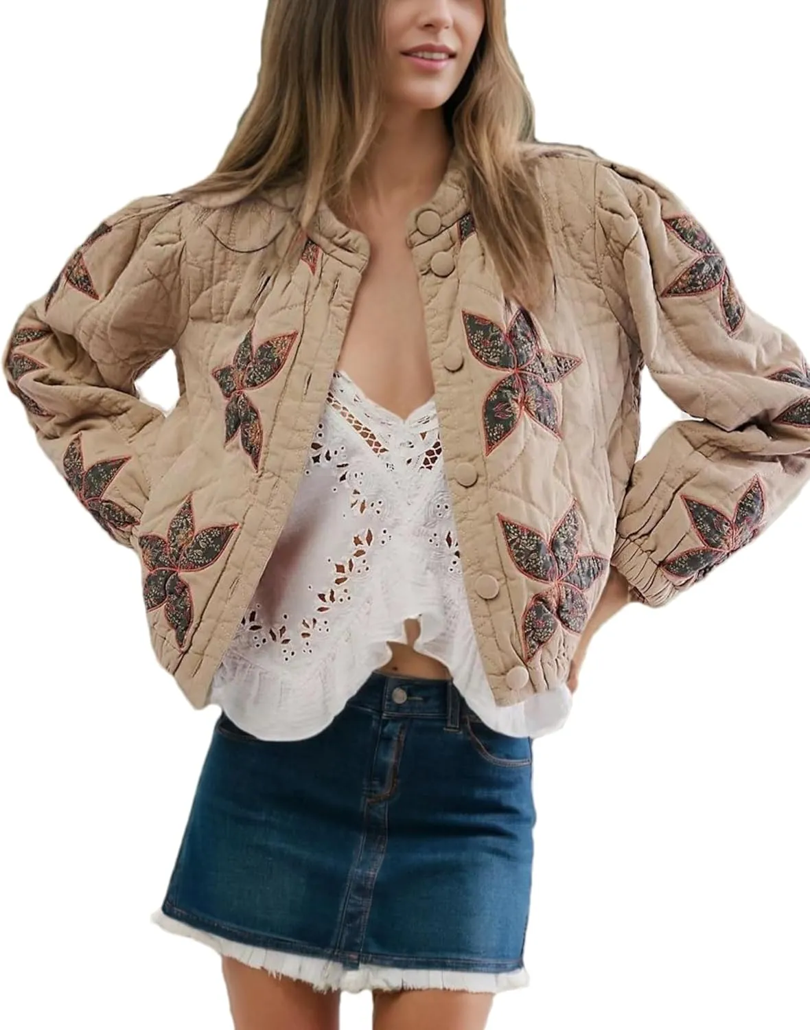 Women's Cropped Floral Quilted Puffer Jackets 3D Printed Lightweight Button Padded Coats with Pockets