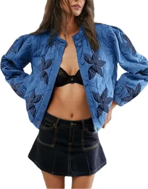 Women's Cropped Floral Quilted Puffer Jackets 3D Printed Lightweight Button Padded Coats with Pockets