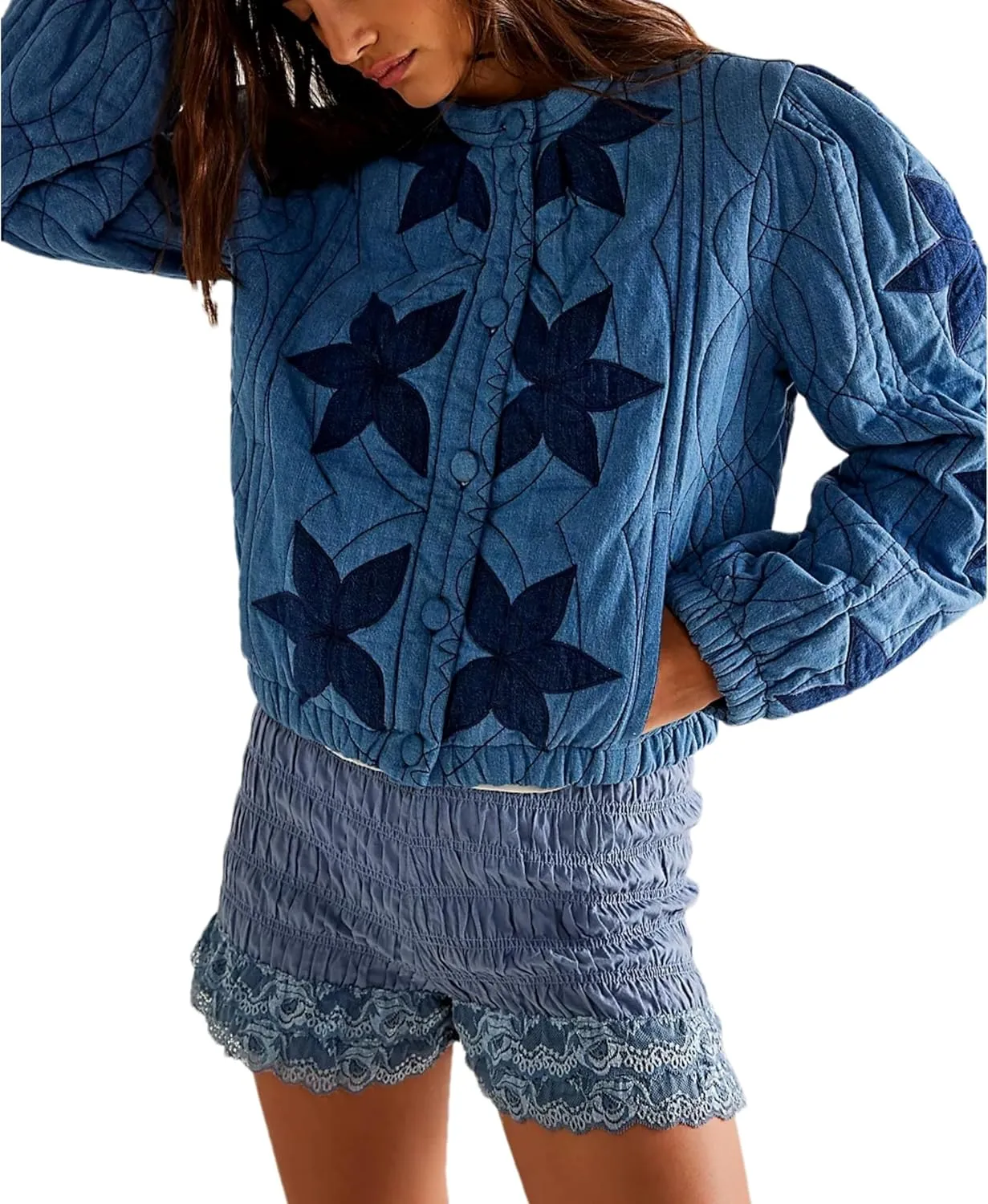 Women's Cropped Floral Quilted Puffer Jackets 3D Printed Lightweight Button Padded Coats with Pockets