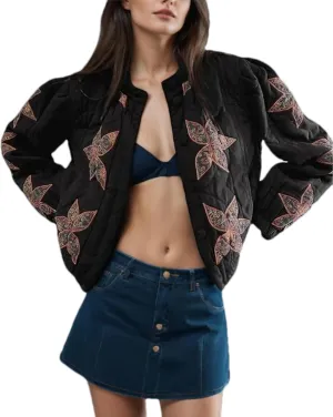 Women's Cropped Floral Quilted Puffer Jackets 3D Printed Lightweight Button Padded Coats with Pockets