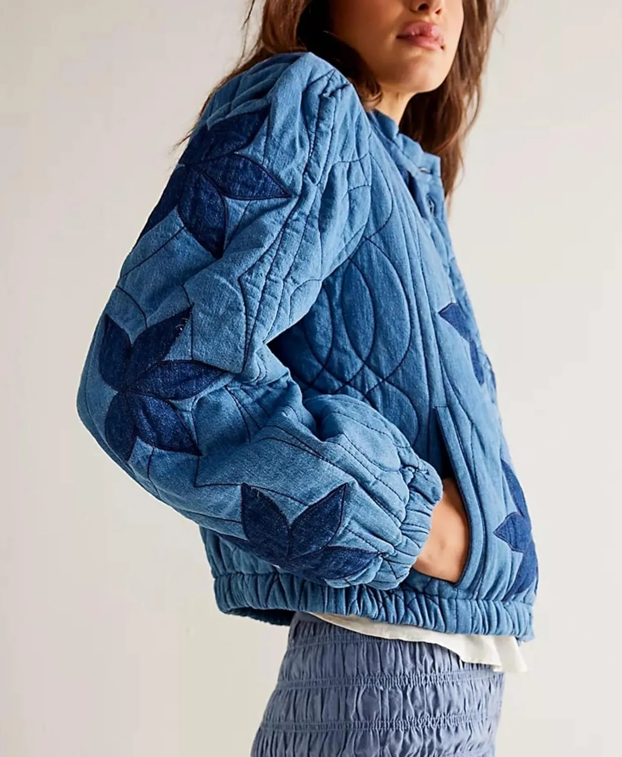 Women's Cropped Floral Quilted Puffer Jackets 3D Printed Lightweight Button Padded Coats with Pockets
