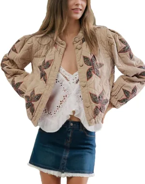 Women's Cropped Floral Quilted Puffer Jackets 3D Printed Lightweight Button Padded Coats with Pockets