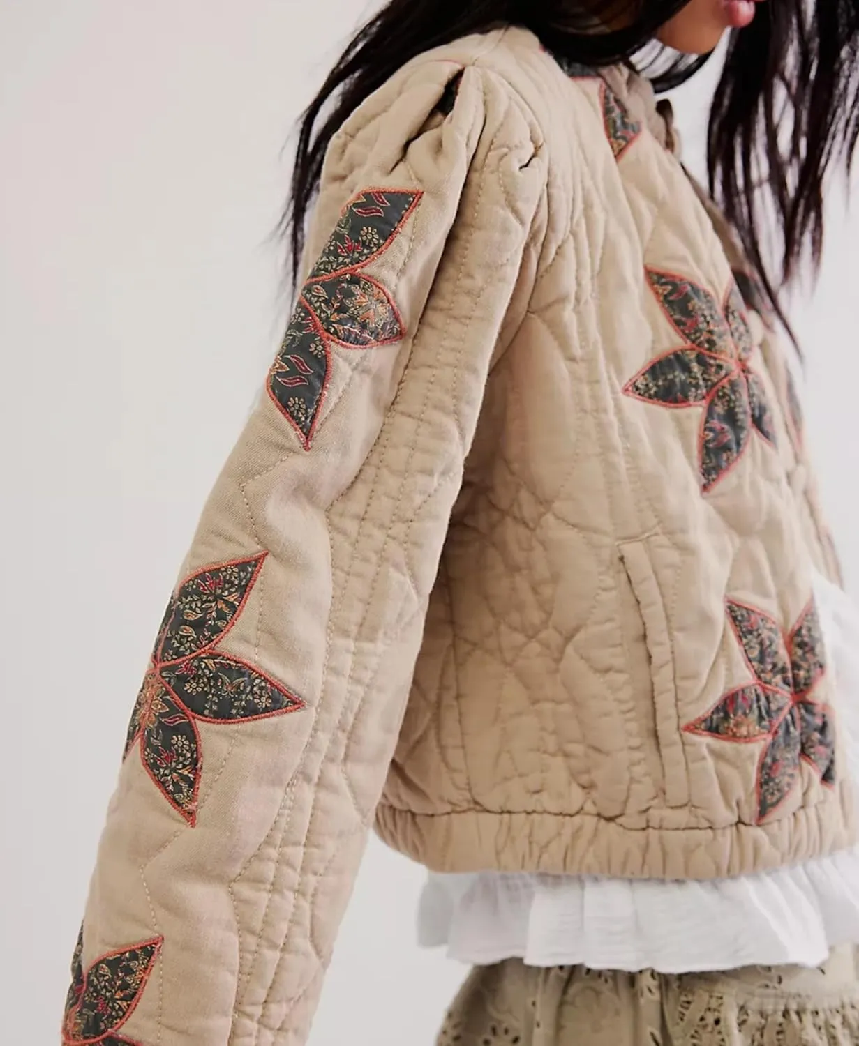 Women's Cropped Floral Quilted Puffer Jackets 3D Printed Lightweight Button Padded Coats with Pockets