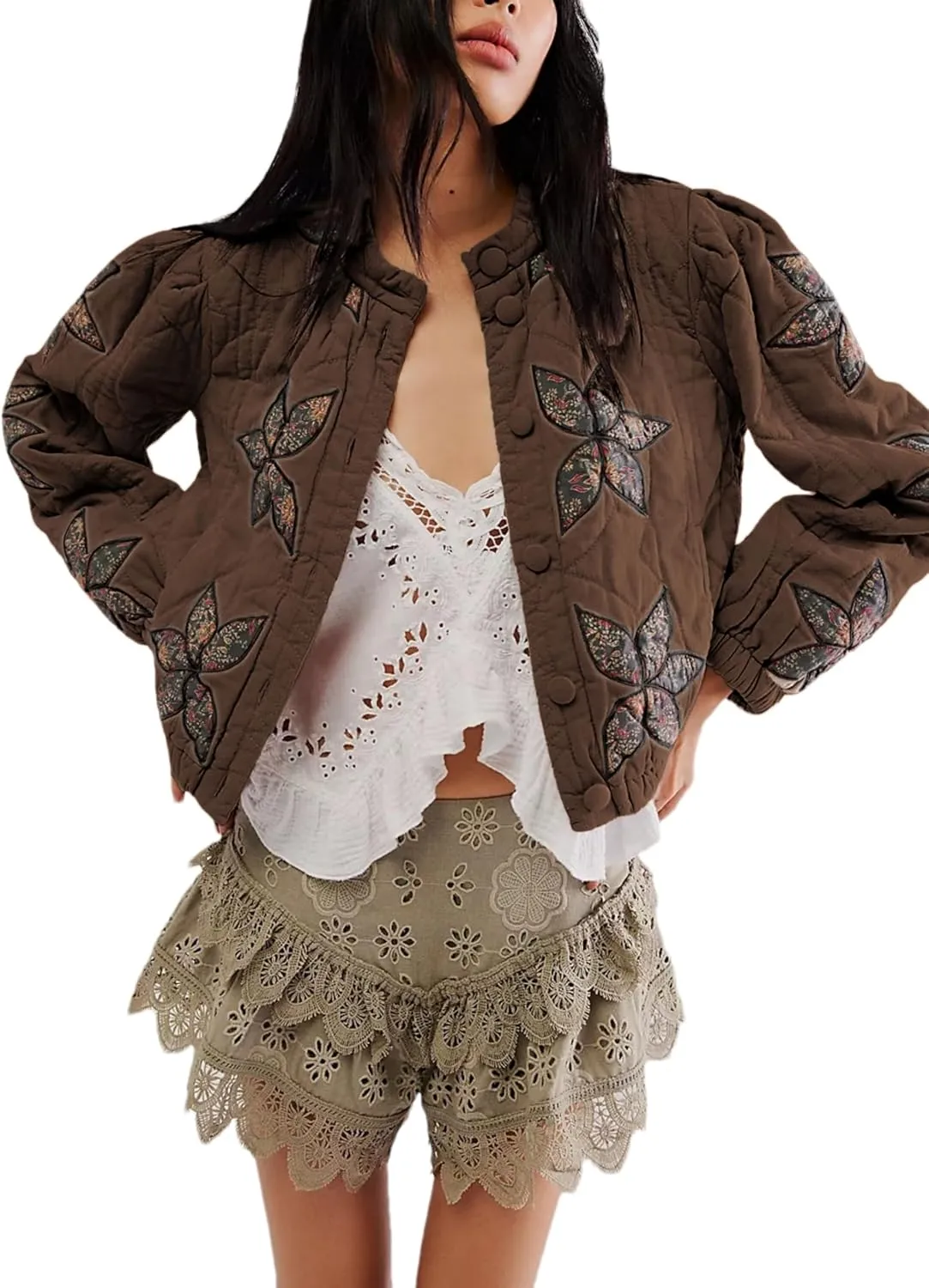 Women's Cropped Floral Quilted Puffer Jackets 3D Printed Lightweight Button Padded Coats with Pockets