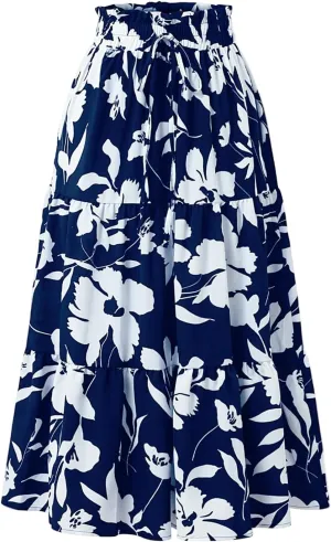 Women's Elastic High Waist Floral Print Tie Knot Pleated Flared Boho A-Line Midi Skirts, S-XL