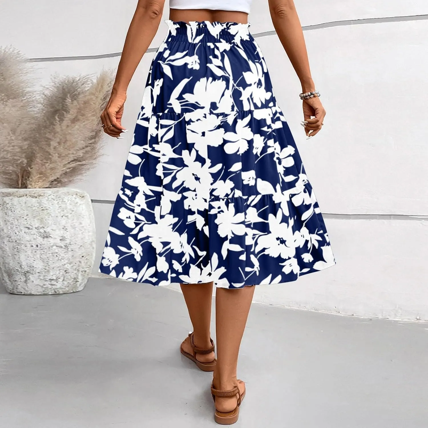 Women's Elastic High Waist Floral Print Tie Knot Pleated Flared Boho A-Line Midi Skirts, S-XL
