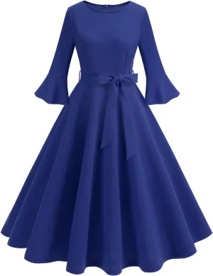 Women's Elegant Bell Sleeve Cocktail Party Dresses for Wedding Guest Fit Flare Swing Hem Midi Evening Dress 2025