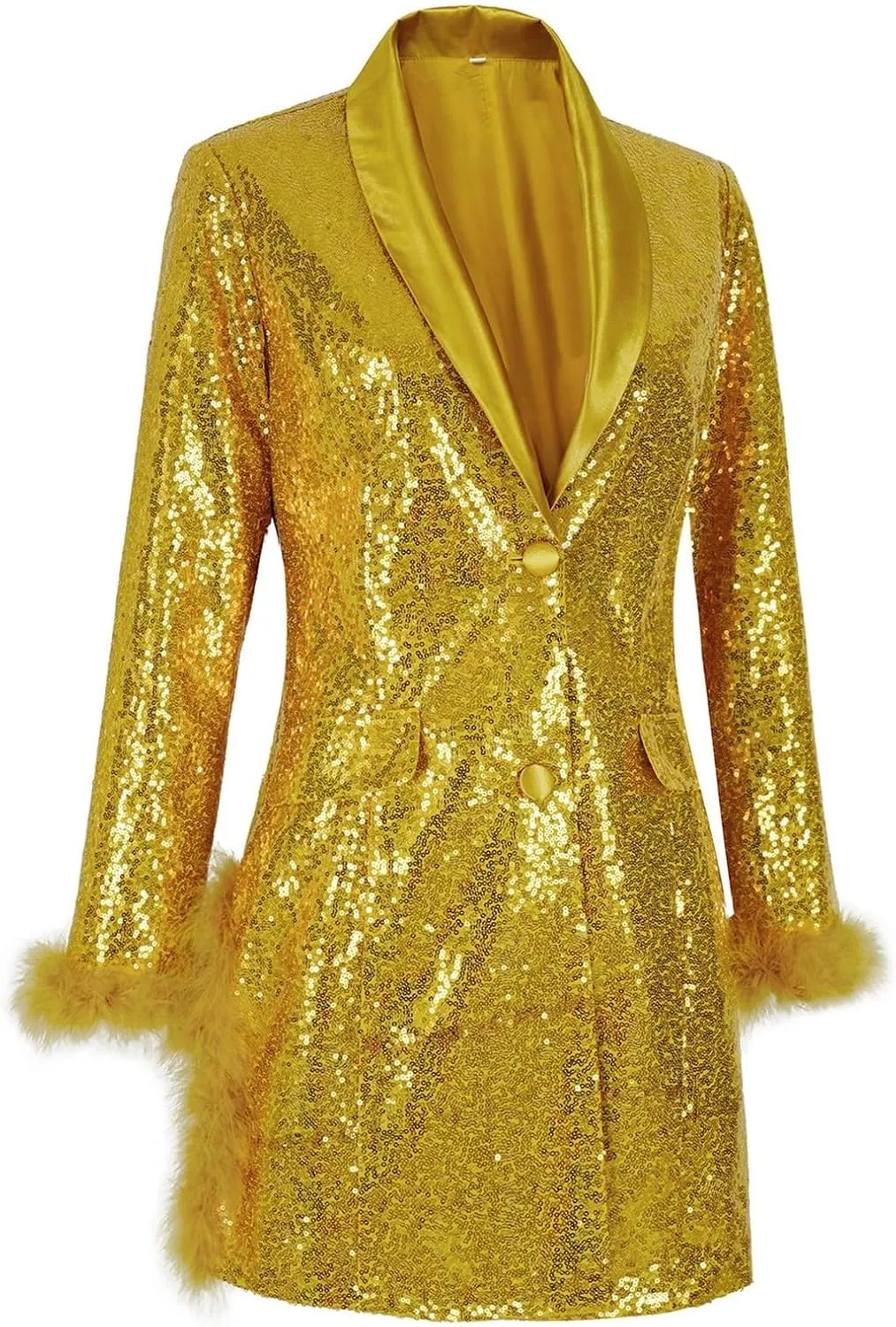 Women's Fashionable and Sexy Solid Color Deep V Long Sleeved Dress with Button Pockets Sequin Warm Winter Jackets