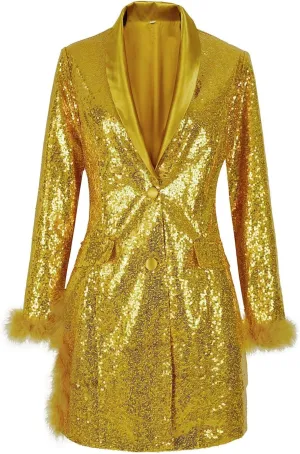 Women's Fashionable and Sexy Solid Color Deep V Long Sleeved Dress with Button Pockets Sequin Warm Winter Jackets