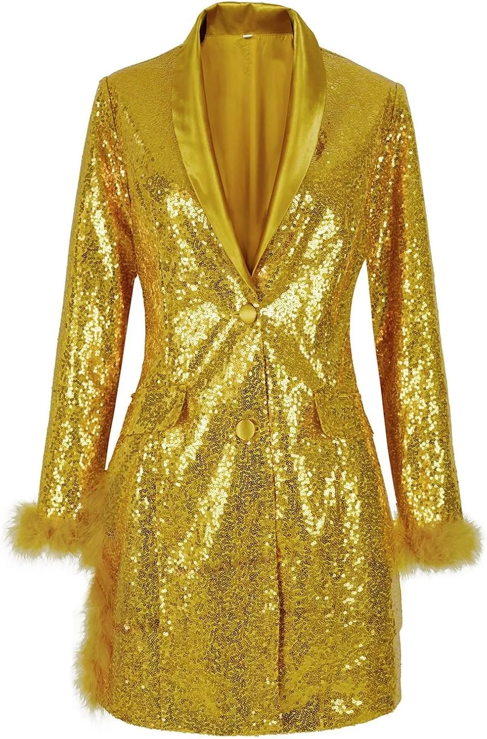 Women's Fashionable and Sexy Solid Color Deep V Long Sleeved Dress with Button Pockets Sequin Warm Winter Jackets
