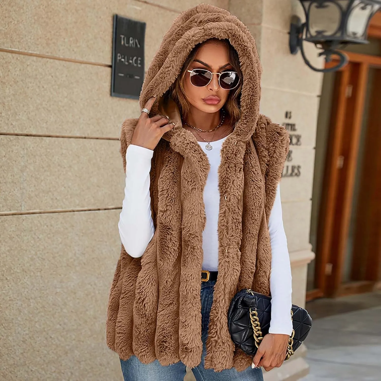 Women's Faux Fur Hooded Vest, Winter Sleeveless Fuzzy Warm Fashion Jackets Open Front Casual Soft Shaggy Waistcoat
