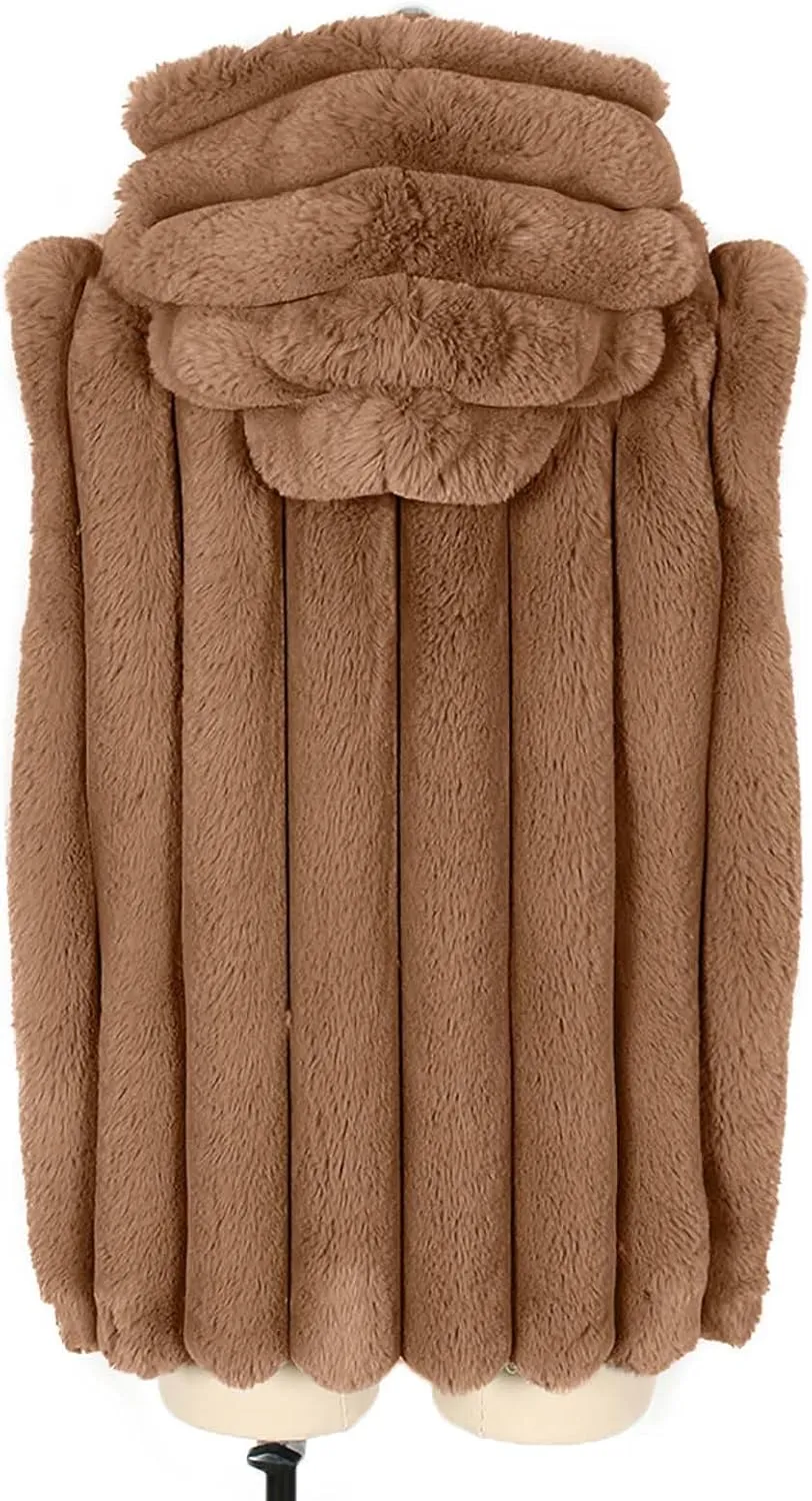 Women's Faux Fur Hooded Vest, Winter Sleeveless Fuzzy Warm Fashion Jackets Open Front Casual Soft Shaggy Waistcoat