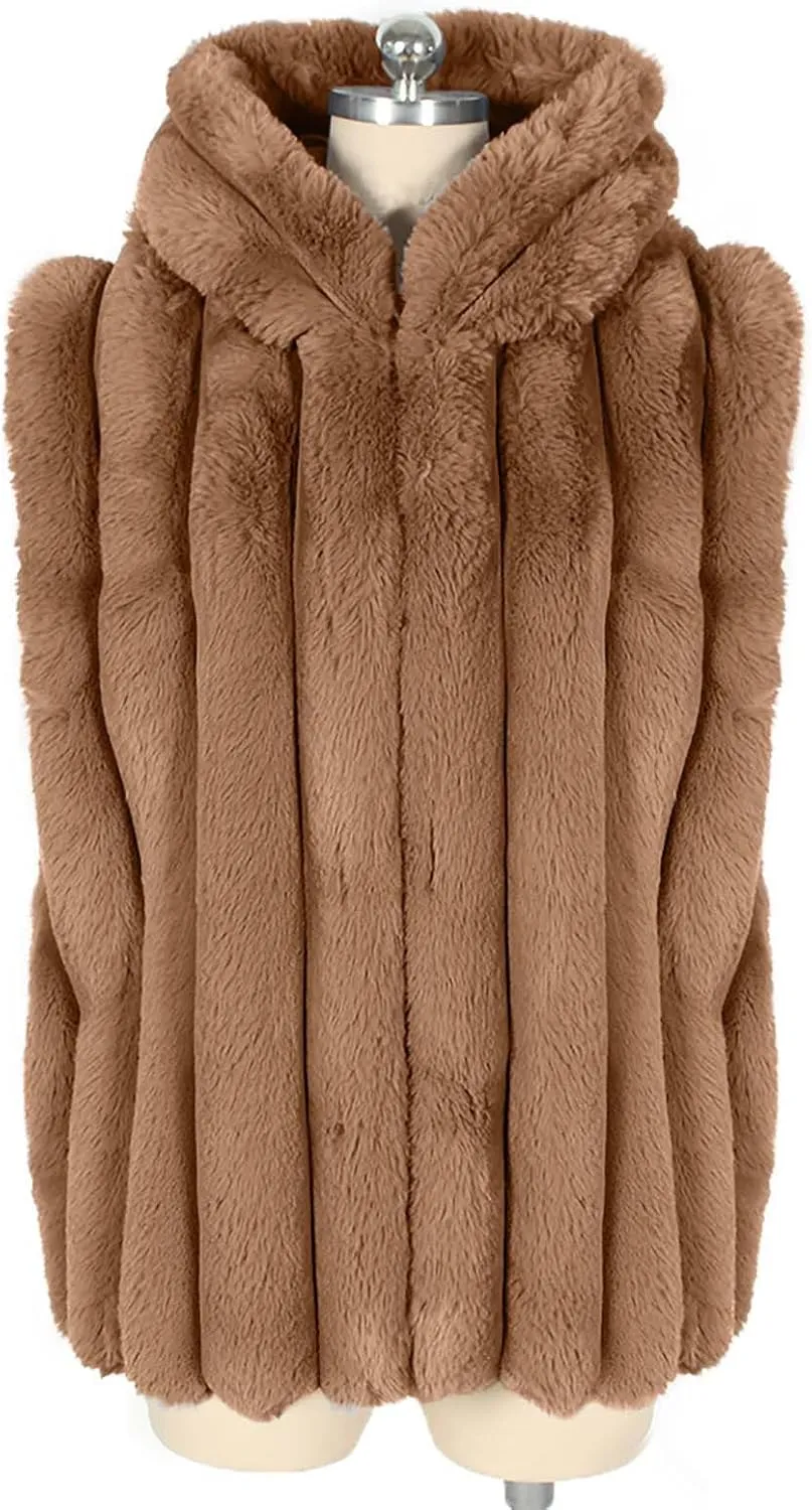 Women's Faux Fur Hooded Vest, Winter Sleeveless Fuzzy Warm Fashion Jackets Open Front Casual Soft Shaggy Waistcoat