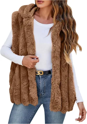 Women's Faux Fur Hooded Vest, Winter Sleeveless Fuzzy Warm Fashion Jackets Open Front Casual Soft Shaggy Waistcoat