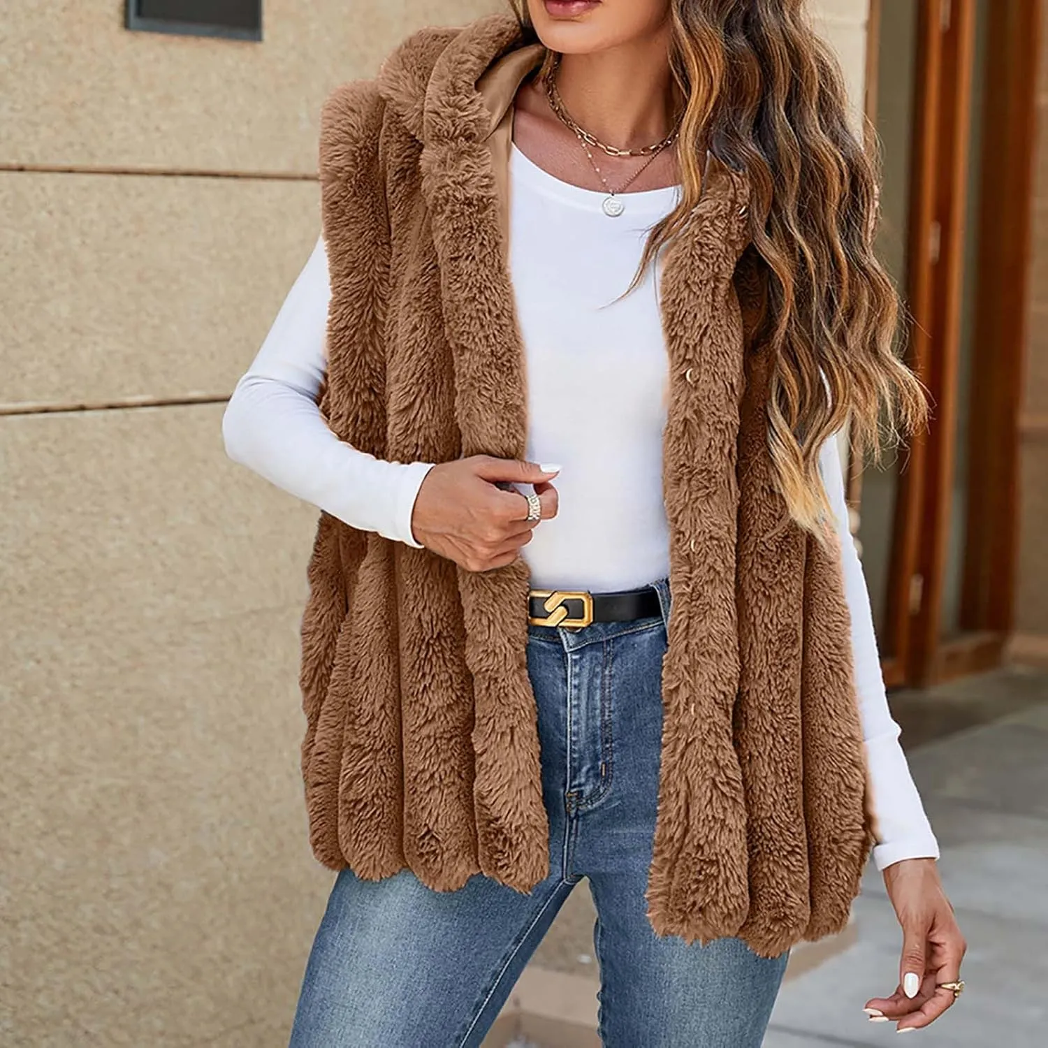 Women's Faux Fur Hooded Vest, Winter Sleeveless Fuzzy Warm Fashion Jackets Open Front Casual Soft Shaggy Waistcoat