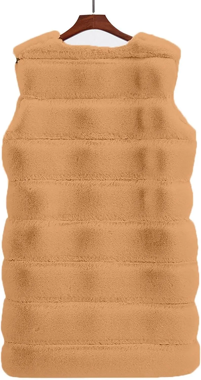 Womens Faux Fur Winter Coats Sleeveless Warm Jacket Sherpa Vest Plus Size Fuzzy Fleece Long Coat Outerwear with Pocket