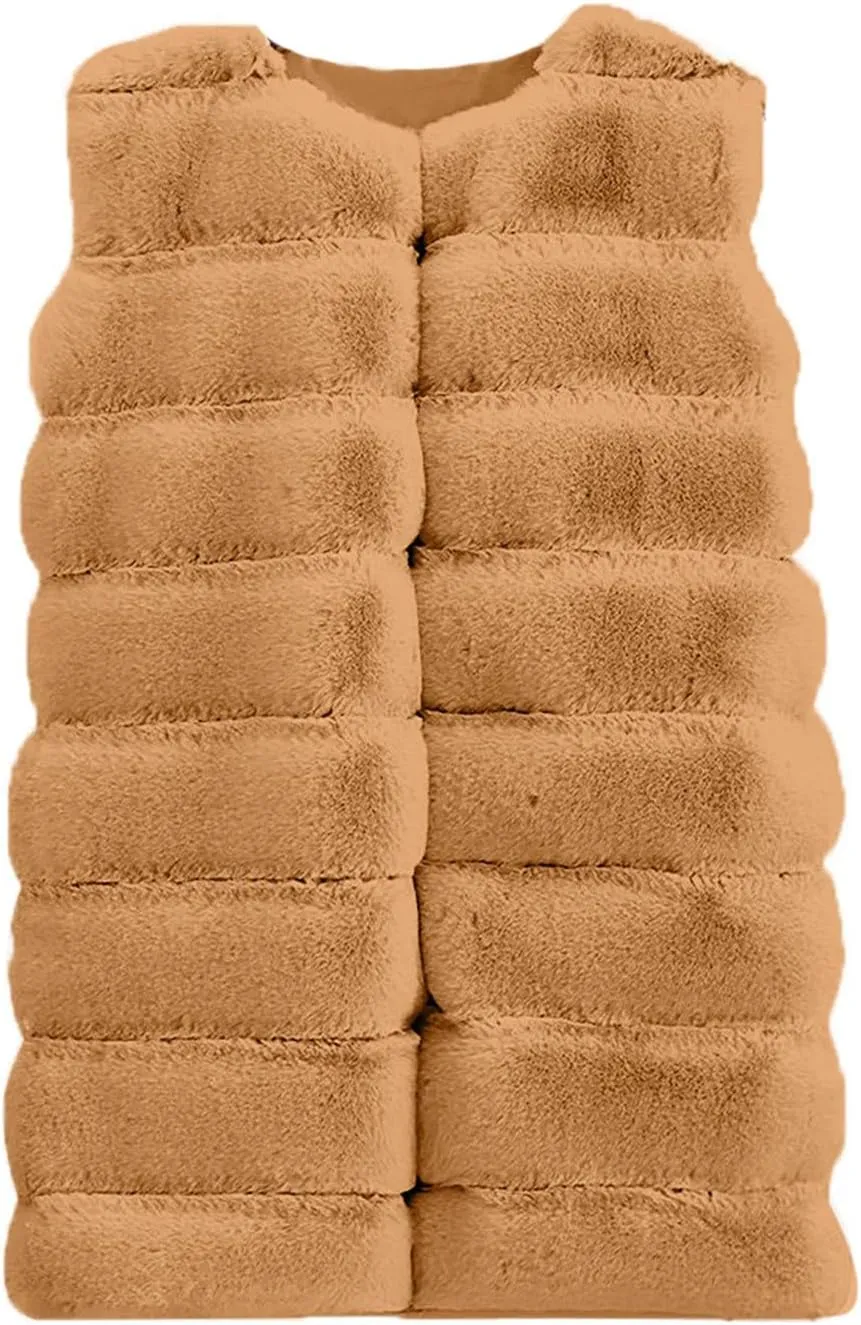 Womens Faux Fur Winter Coats Sleeveless Warm Jacket Sherpa Vest Plus Size Fuzzy Fleece Long Coat Outerwear with Pocket