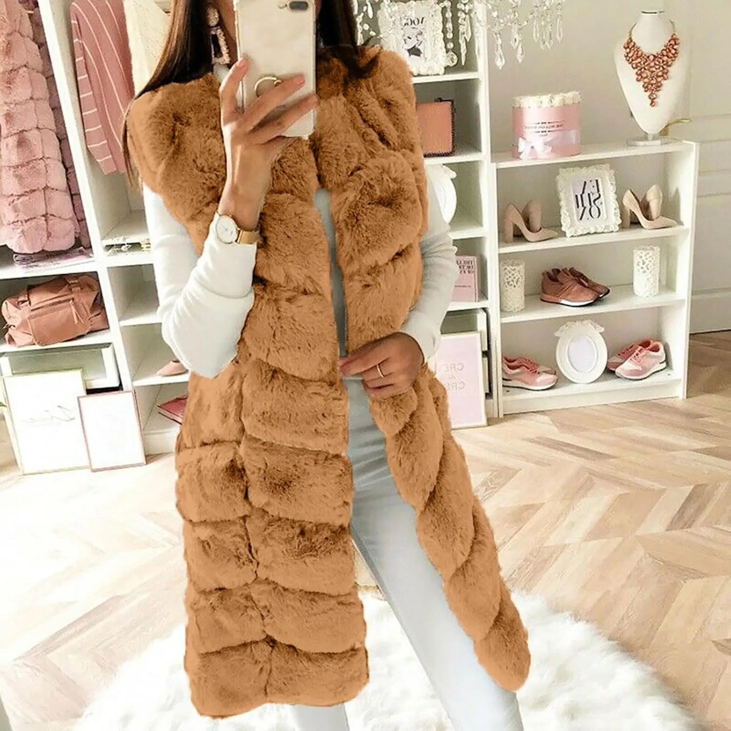 Womens Faux Fur Winter Coats Sleeveless Warm Jacket Sherpa Vest Plus Size Fuzzy Fleece Long Coat Outerwear with Pocket