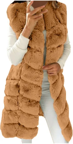 Womens Faux Fur Winter Coats Sleeveless Warm Jacket Sherpa Vest Plus Size Fuzzy Fleece Long Coat Outerwear with Pocket
