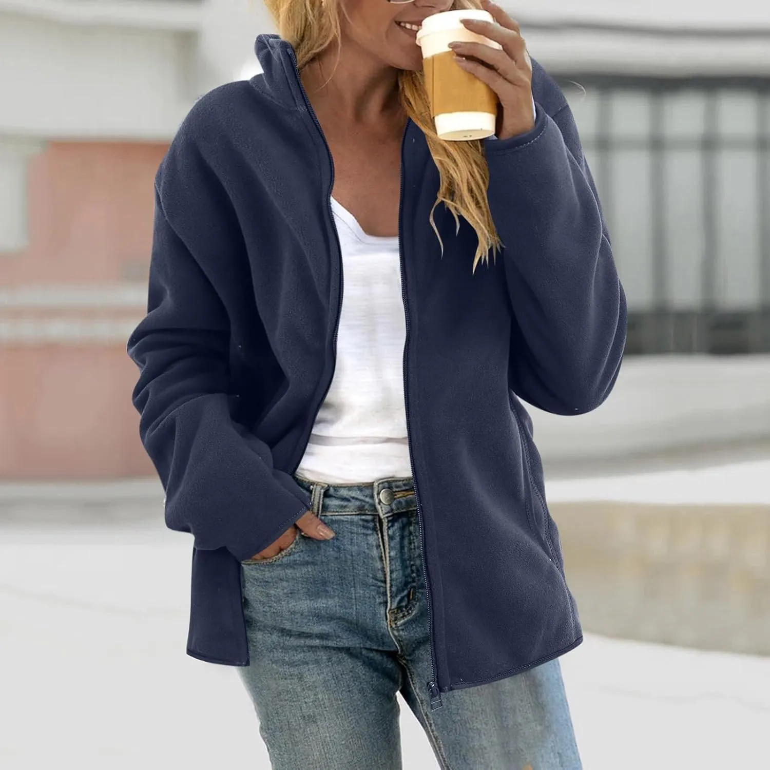 Womens Fleece Jacket with Hood Warm Comfy Soft Winter Coats Loose Fit Long Sleeve Padded Outwear Full Zip Cardigan Coat