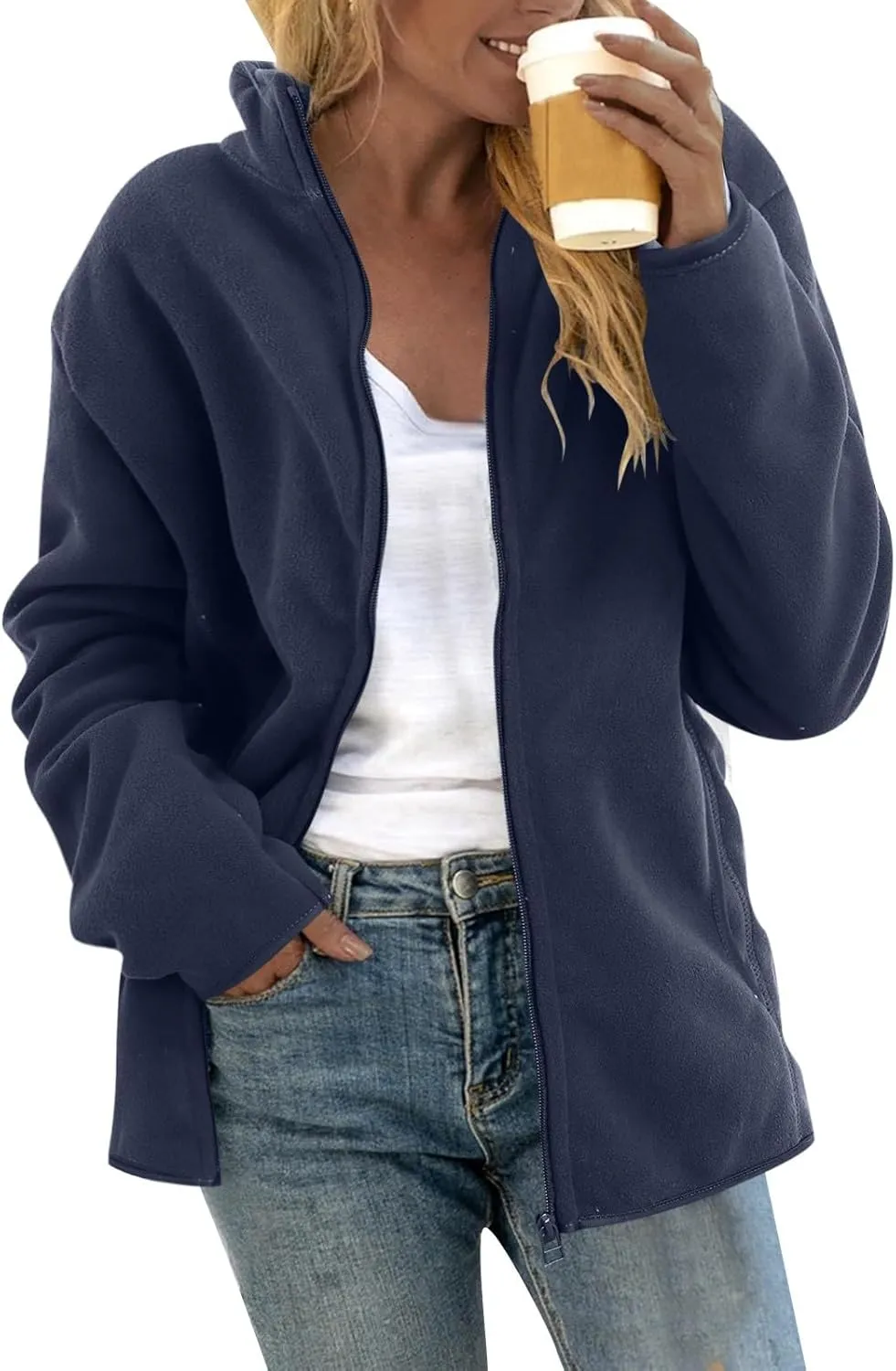 Womens Fleece Jacket with Hood Warm Comfy Soft Winter Coats Loose Fit Long Sleeve Padded Outwear Full Zip Cardigan Coat