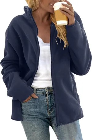 Womens Fleece Jacket with Hood Warm Comfy Soft Winter Coats Loose Fit Long Sleeve Padded Outwear Full Zip Cardigan Coat