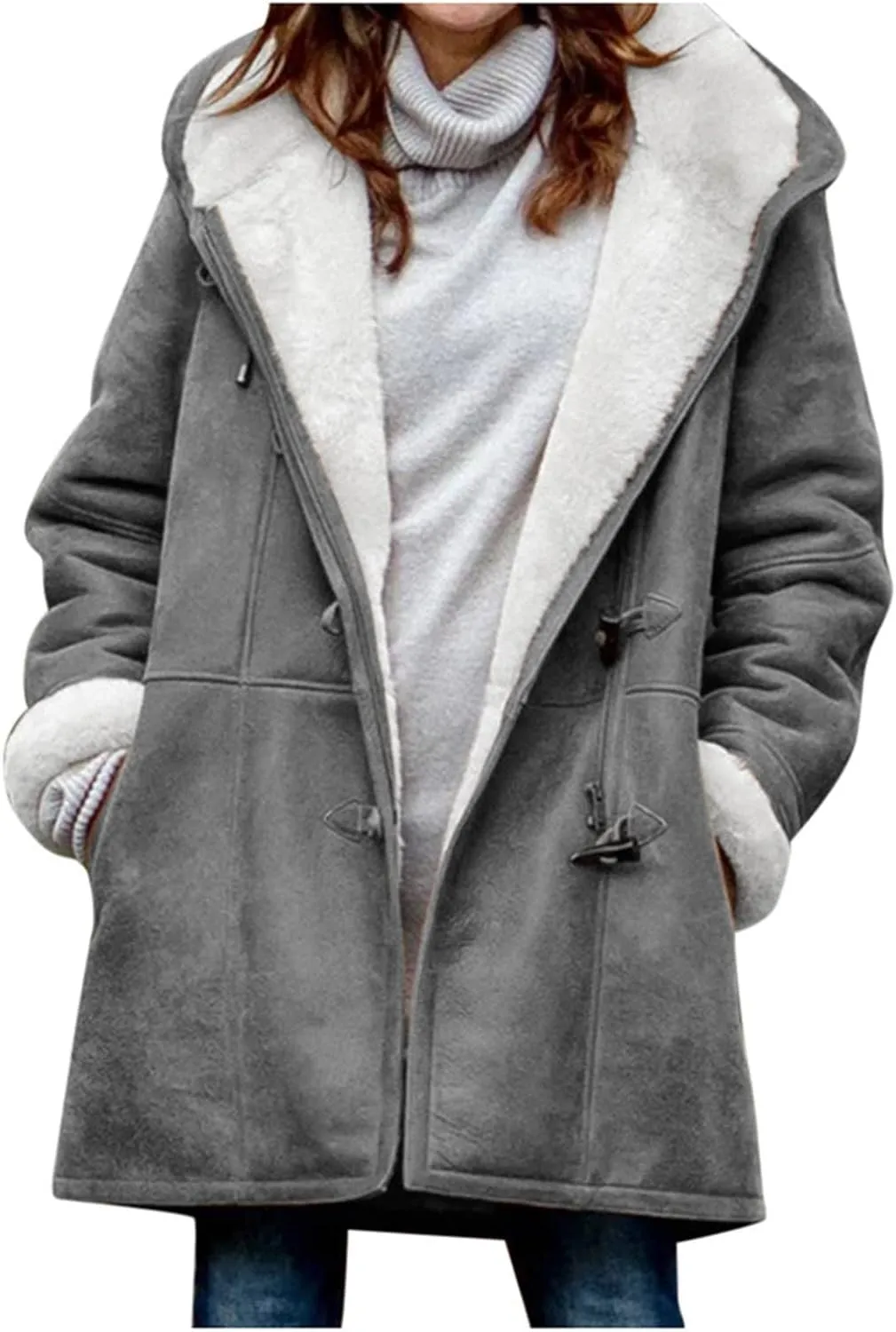 Women's Fleece Winter Warm Jackets Sherpa Lined Fuzzy Coats Button Down Casual Collar Outerwear Loose Teddy Coats