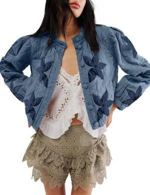 Women’s Floral Quilted Puffer Jacket Lightweight Cropped Embroidered Button Down Jacket Padded Coats with Pockets