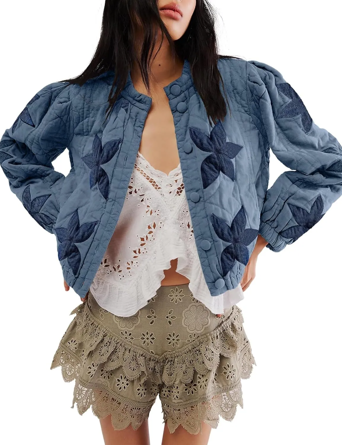 Women’s Floral Quilted Puffer Jacket Lightweight Cropped Embroidered Button Down Jacket Padded Coats with Pockets