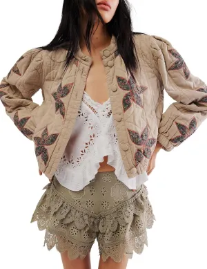 Women’s Floral Quilted Puffer Jacket Lightweight Cropped Embroidered Button Down Jacket Padded Coats with Pockets