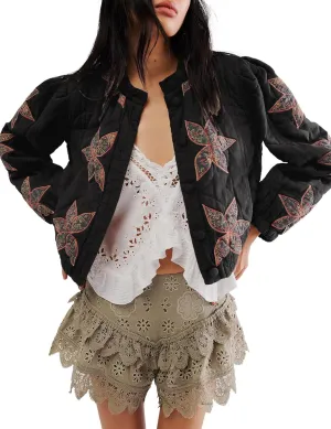 Women’s Floral Quilted Puffer Jacket Lightweight Cropped Embroidered Button Down Jacket Padded Coats with Pockets