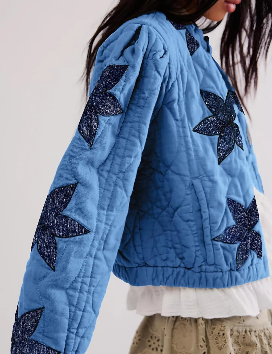 Women’s Floral Quilted Puffer Jacket Lightweight Cropped Embroidered Button Down Jacket Padded Coats with Pockets