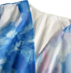 Womens Flowy Chiffon Tie-dye Maxi Wedding Guest Dress Ruffle Half Sleeve Wrap Empire Waist A-line Ruched Swing Tiered Dresses