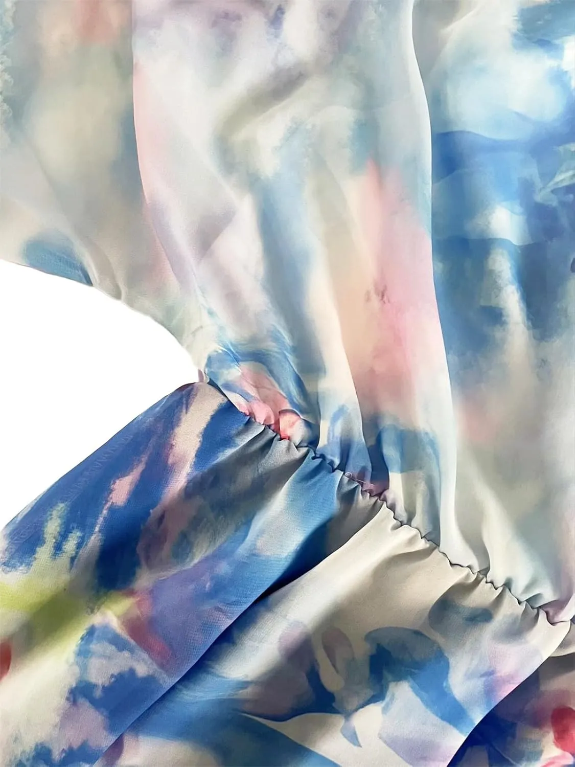 Womens Flowy Chiffon Tie-dye Maxi Wedding Guest Dress Ruffle Half Sleeve Wrap Empire Waist A-line Ruched Swing Tiered Dresses