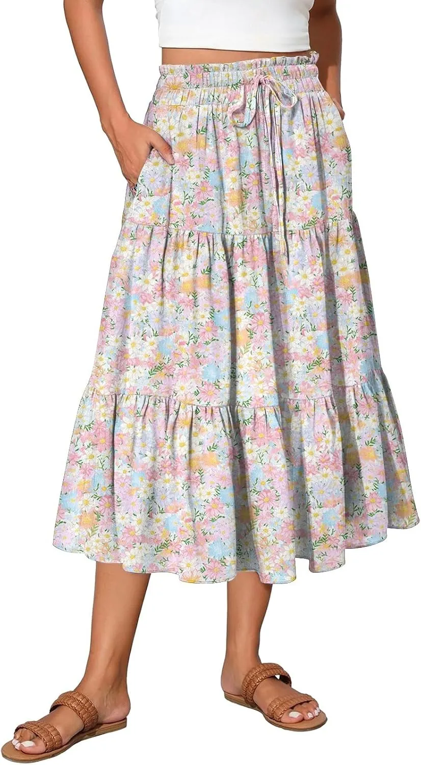 Women's Flowy Midi Skirt Pleated High Elastic Waisted Casual Vacation Resort Long Skirts with Pockets, S-2XL