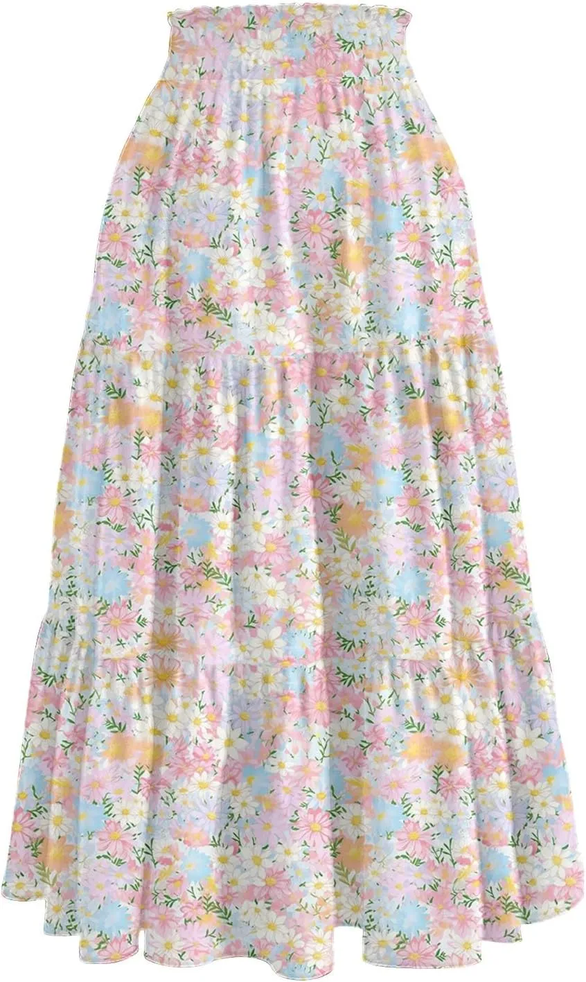 Women's Flowy Midi Skirt Pleated High Elastic Waisted Casual Vacation Resort Long Skirts with Pockets, S-2XL