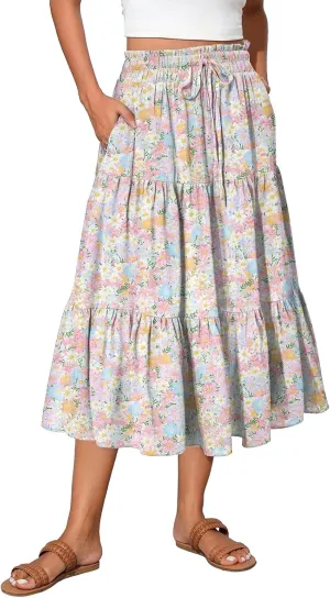 Women's Flowy Midi Skirt Pleated High Elastic Waisted Casual Vacation Resort Long Skirts with Pockets, S-2XL