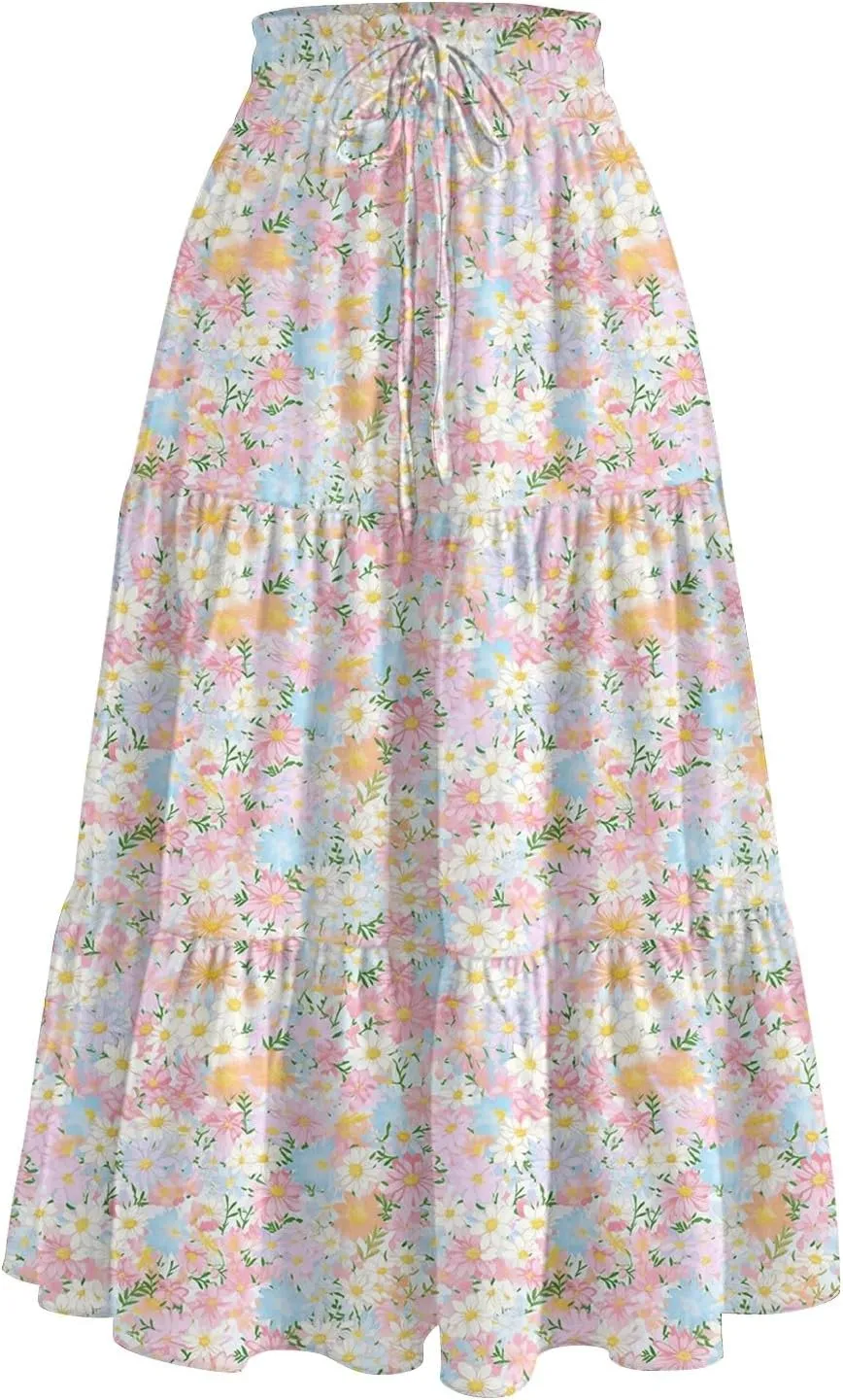 Women's Flowy Midi Skirt Pleated High Elastic Waisted Casual Vacation Resort Long Skirts with Pockets, S-2XL