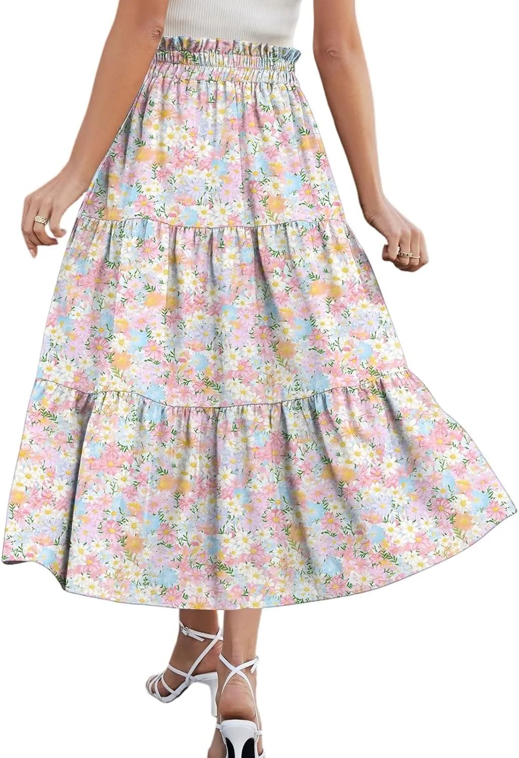 Women's Flowy Midi Skirt Pleated High Elastic Waisted Casual Vacation Resort Long Skirts with Pockets, S-2XL