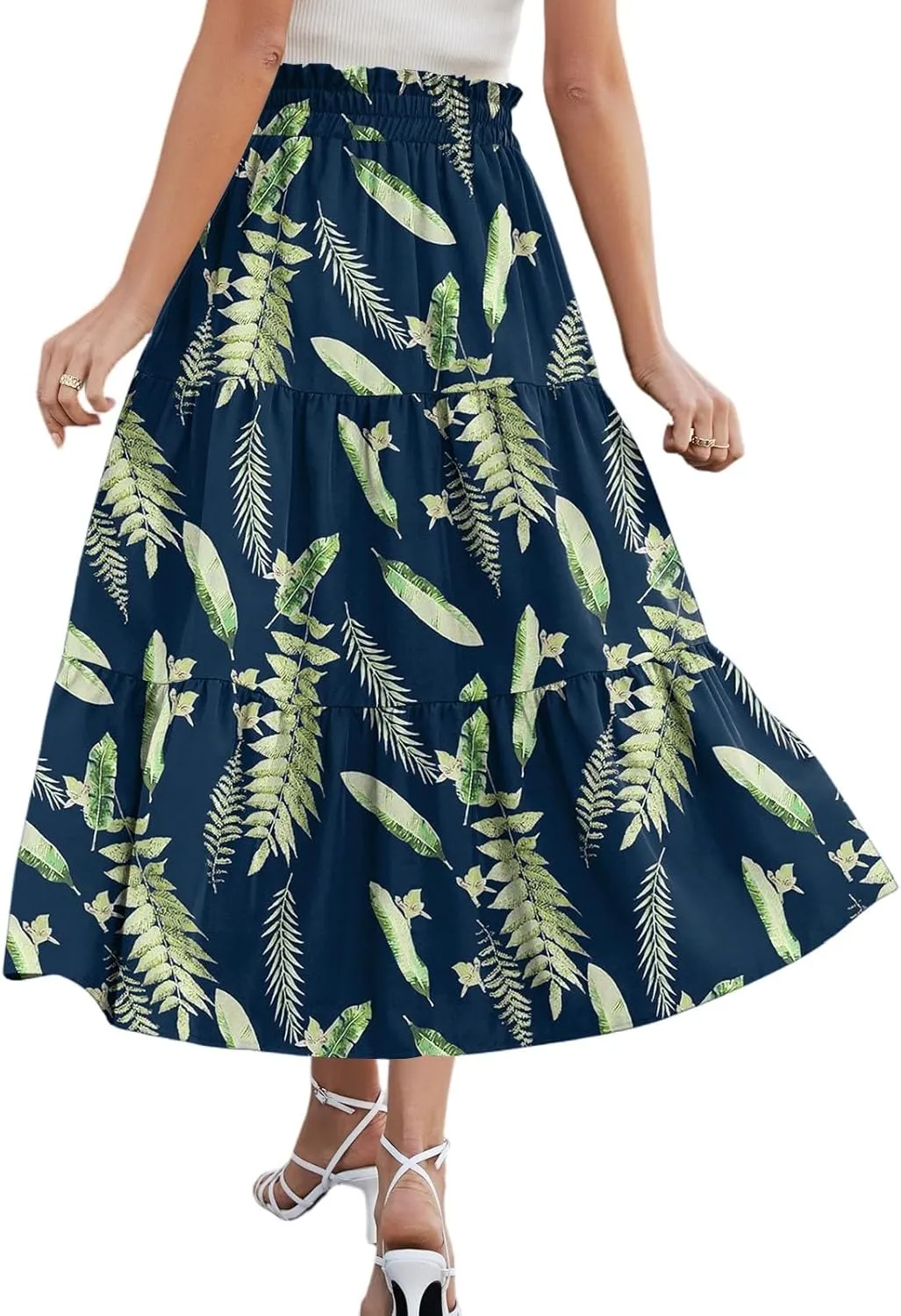 Women's Flowy Midi Skirt Pleated High Elastic Waisted Casual Vacation Resort Long Skirts with Pockets, S-2XL