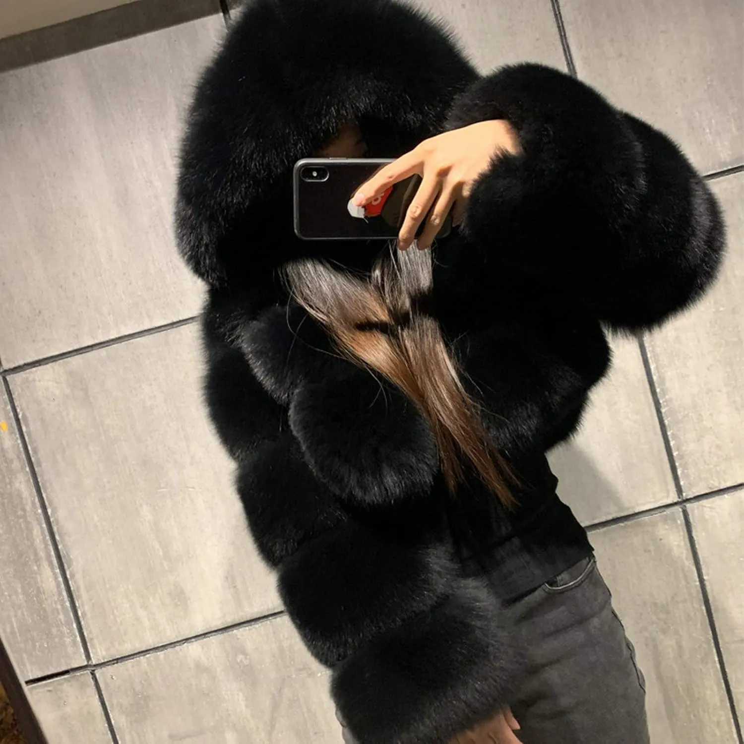 Womens Fluffy Faux Fur Coats Fashion Luxury Thick Warm Cropped Hooded Jacket Plus Size Stitching Fur Cardigan Coat