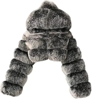 Womens Fluffy Faux Fur Coats Fashion Luxury Thick Warm Cropped Hooded Jacket Plus Size Stitching Fur Cardigan Coat